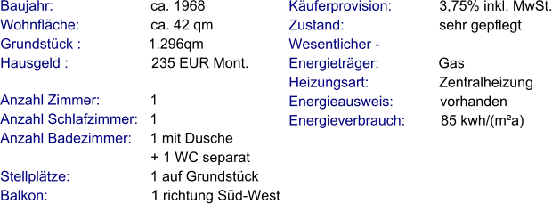 Anzahl Zimmer:            1 Anzahl Schlafzimmer:   1  Anzahl Badezimmer:     1 mit Dusche                                       + 1 WC separat  Stellplätze:                     1 auf Grundstück Balkon:                           1 richtung Süd-West     Baujahr:                         ca. 1968 Wohnfläche:                  ca. 42 qm Grundstück :                 1.296qm Hausgeld :                     235 EUR Mont.   Käuferprovision:            3,75% inkl. MwSt. Zustand:                        sehr gepflegt Wesentlicher - Energieträger:               Gas Heizungsart:                  Zentralheizung Energieausweis:            vorhanden Energieverbrauch:         85 kwh/(m²a)